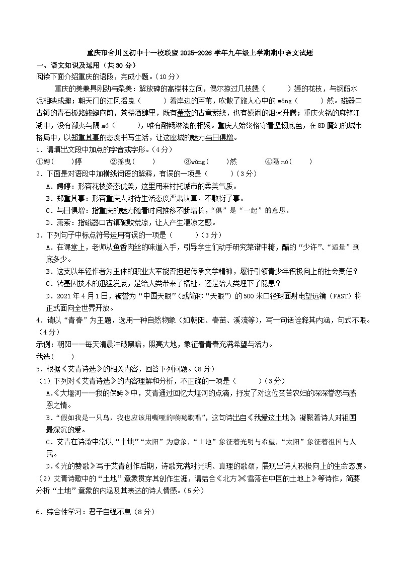 重庆市合川区初中十一校联盟2025-2026学年九年级上学期期中语文试题（WORD版，含答案）第1页