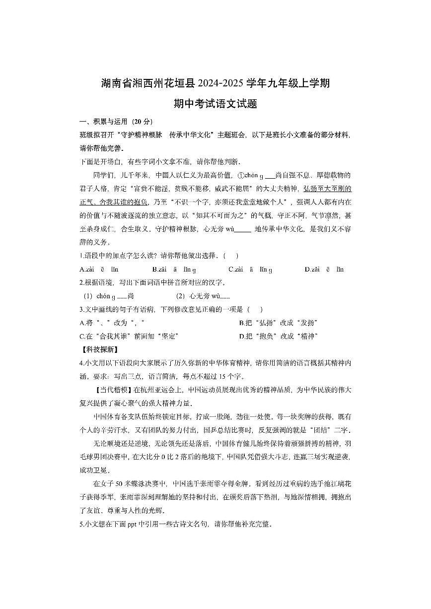 湖南省湘西州花垣县2024-2025学年九年级上学期期中考试语文试卷（学生版）第1页