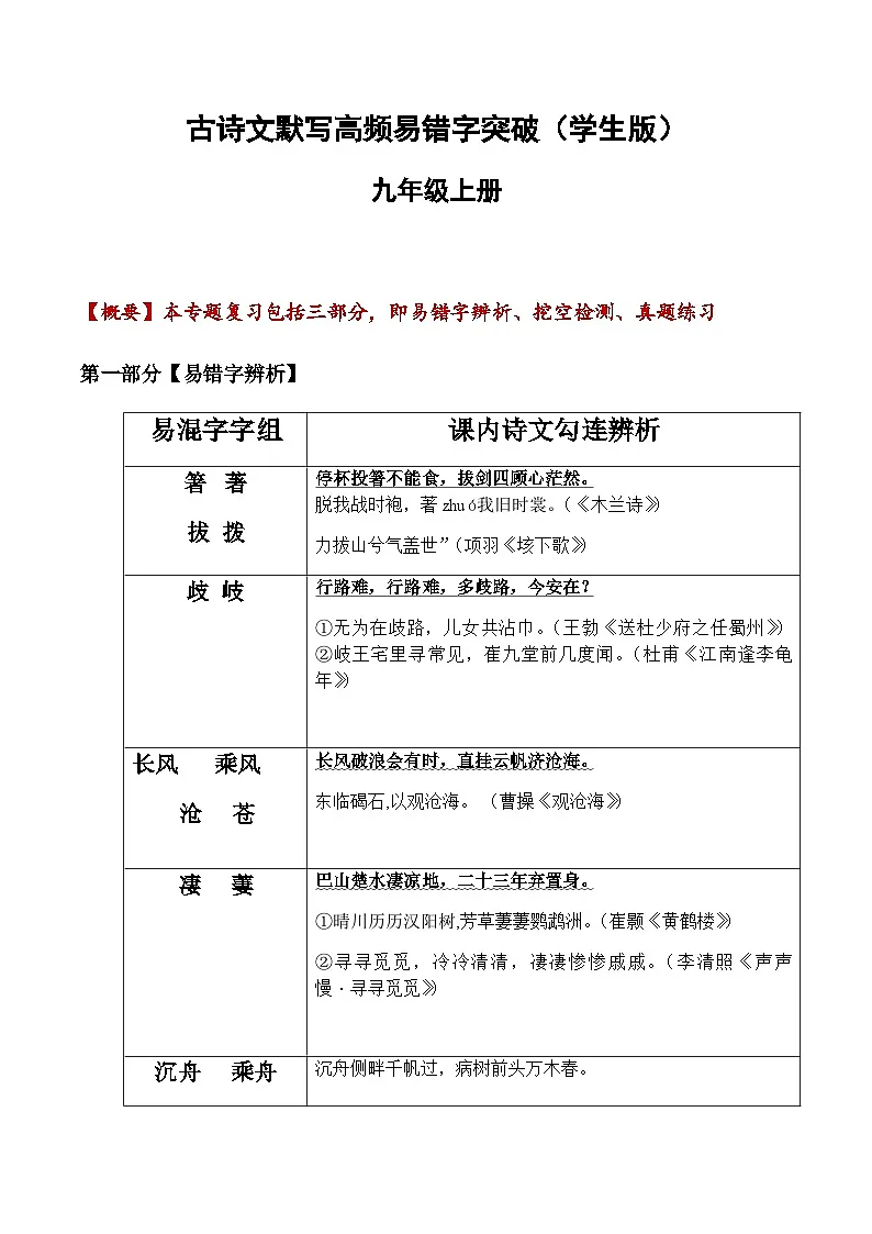 2025年新版语文九年级上册古诗文默写易错字突破练习（含答案）第1页