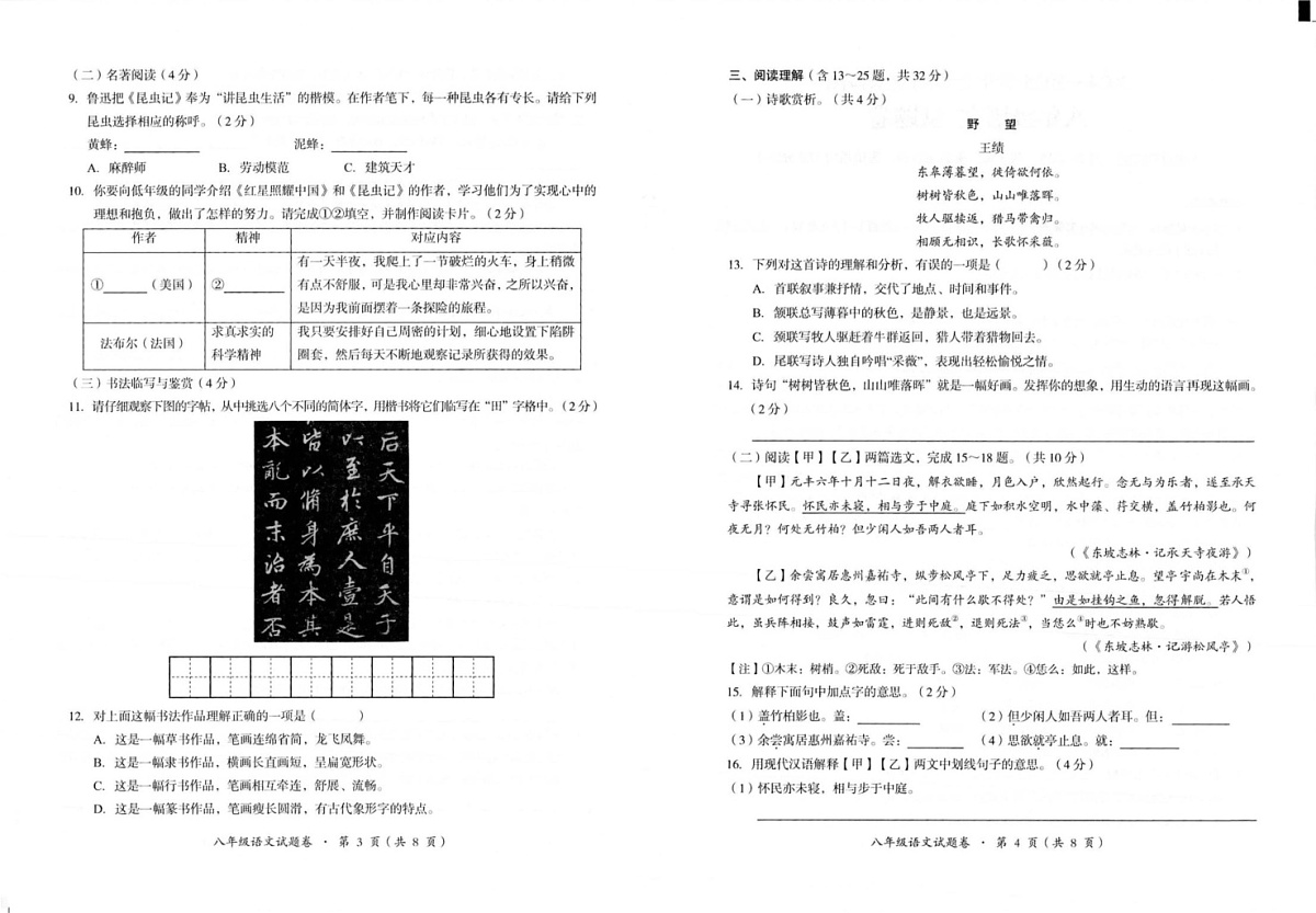 云南省昆明市寻甸回族彝族自治县2024-2025学年八年级上学期1月期末语文试题第2页