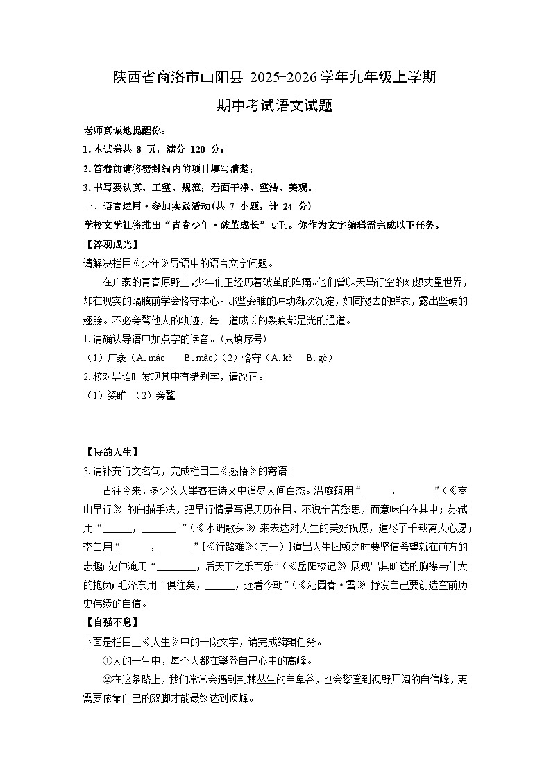 陕西省商洛市山阳县2025-2026学年九年级上学期期中考试语文试卷（学生版）第1页