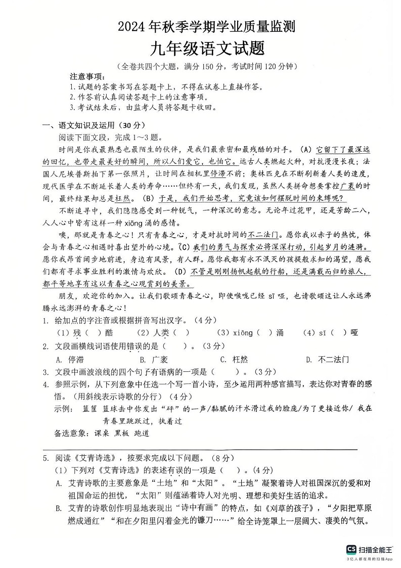 重庆市渝北区2024-2025学年九年级上学期期末考试语文试卷第1页