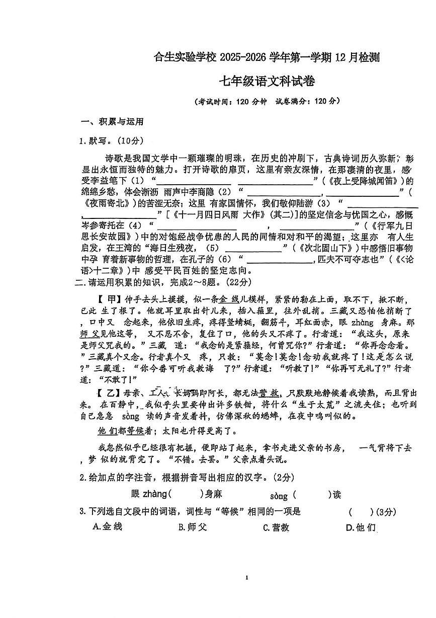广东省惠州市合生实验学校2025-2026学年七年级上学期12月月考语文试题第1页