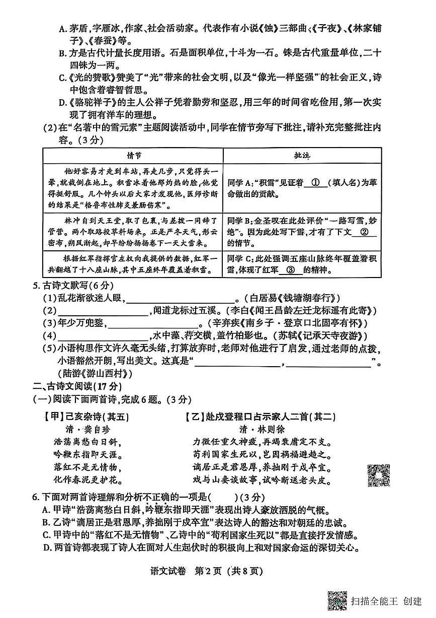 2025沈阳市九年级下一模语文试卷含答案（市统考）第2页