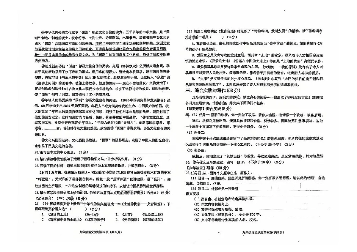 吉林省松原市乾安县2024~2025学年度第一学期期中教学质量检测 九年级语文试题（含答案）第3页