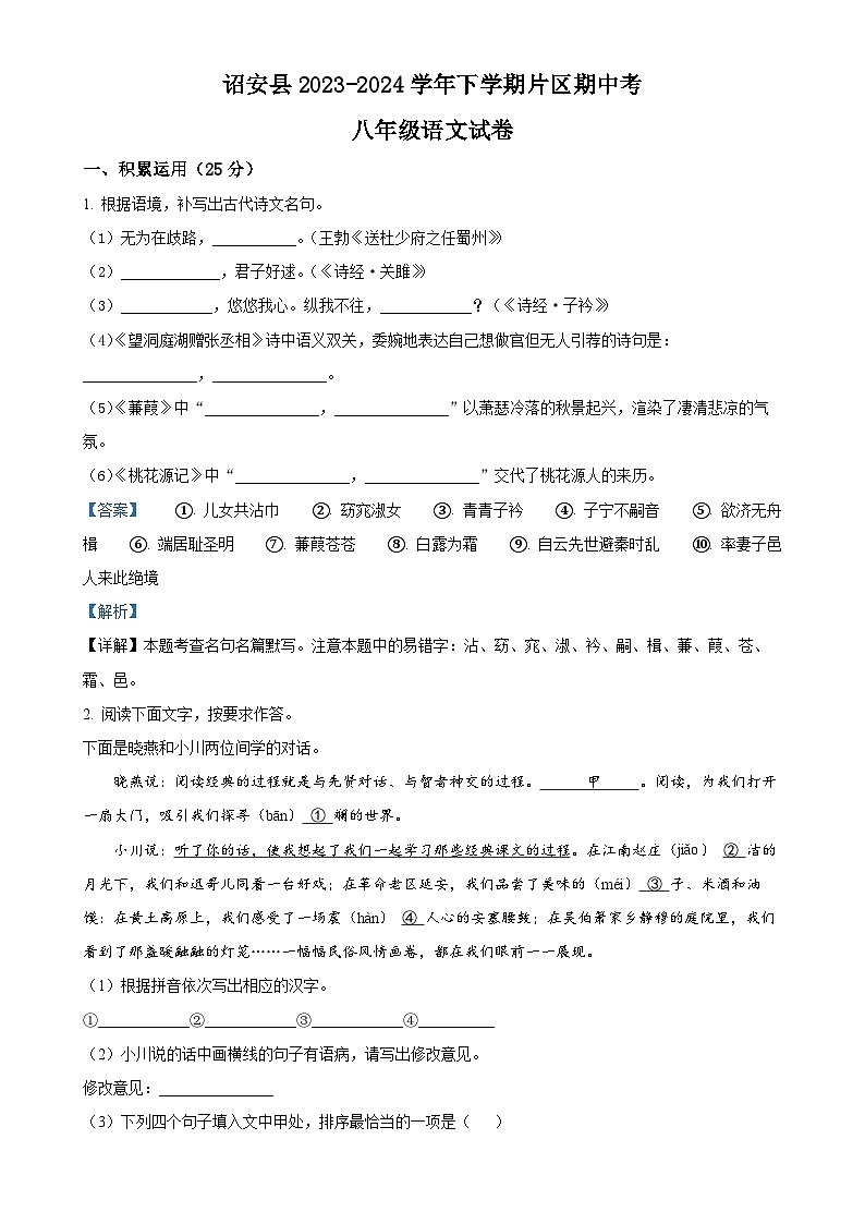 福建省漳州市诏安片区八年级下学期期中语文试题（解析版）-A4第1页