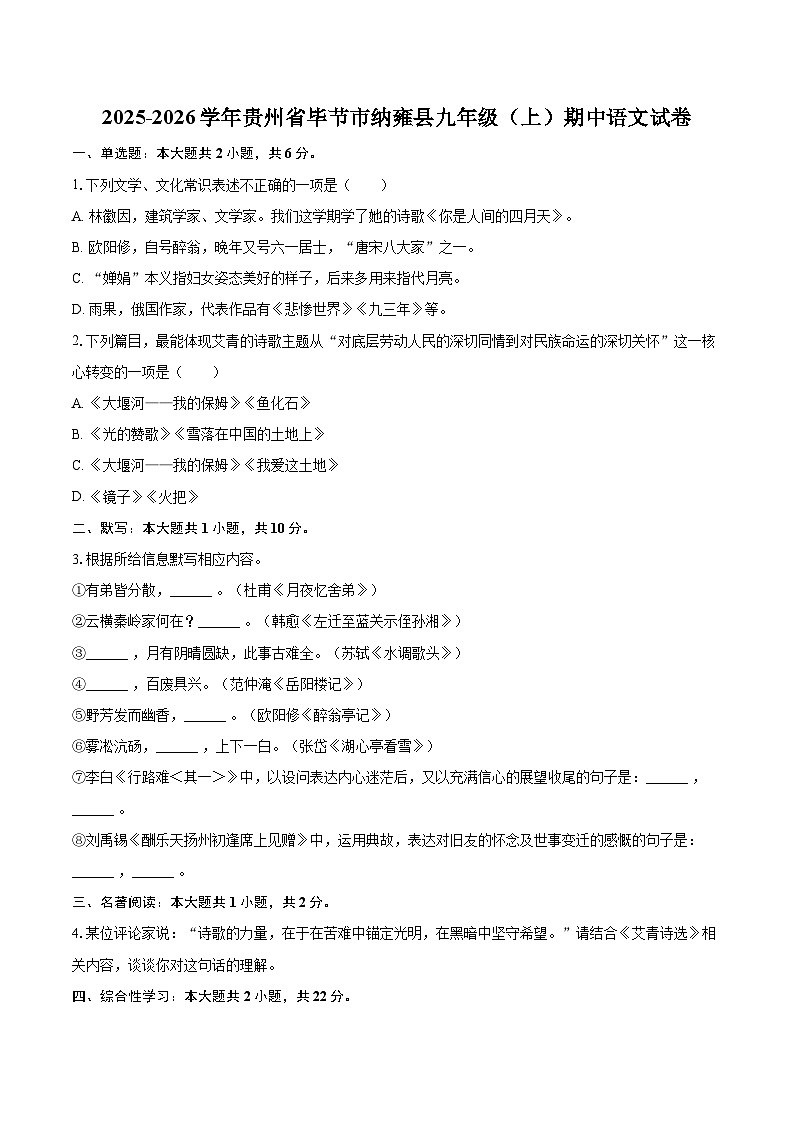 2025-2026学年贵州省毕节市纳雍县九年级（上）期中语文试卷-自定义类型第1页