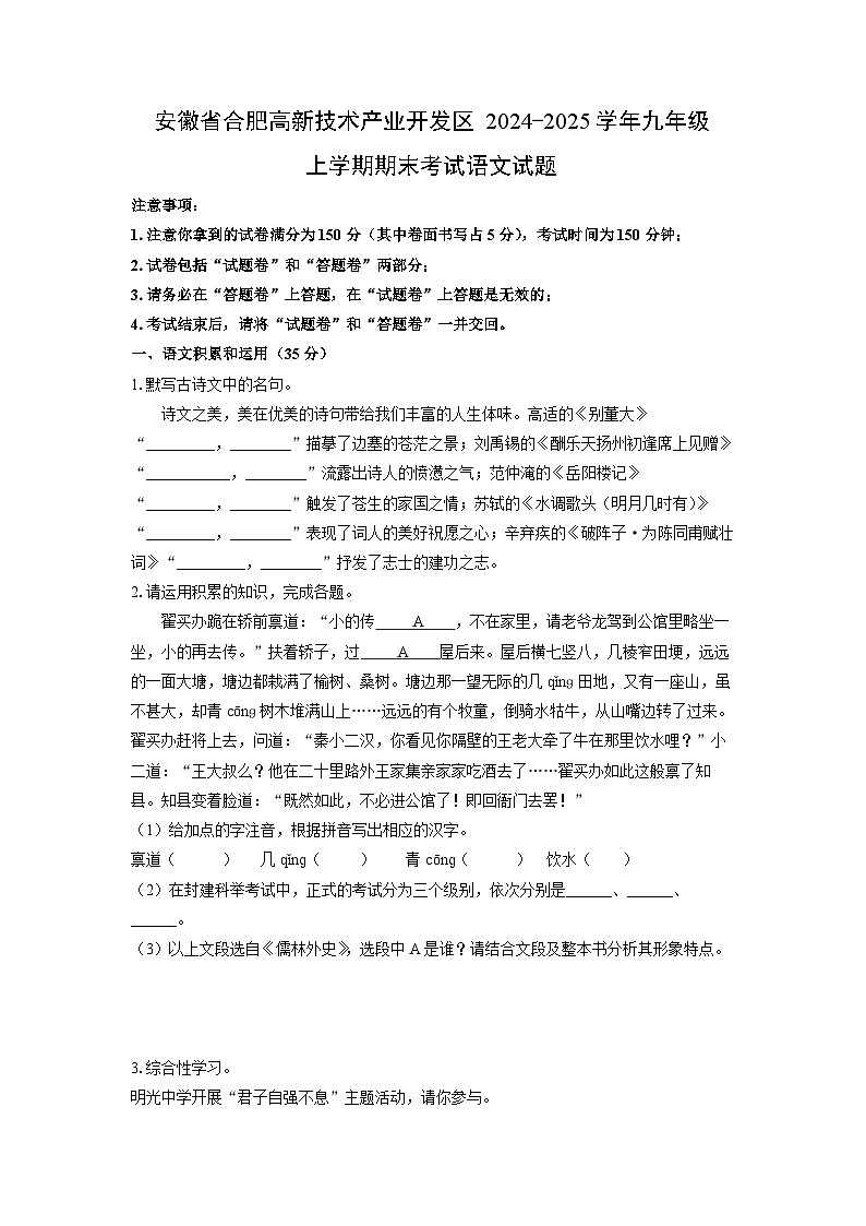 安徽省合肥高新技术产业开发区2024-2025学年九年级上学期期末考试语文试卷（学生版）第1页