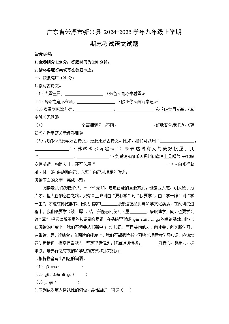 广东省云浮市新兴县2024-2025学年九年级上学期期末考试语文试卷（学生版）第1页