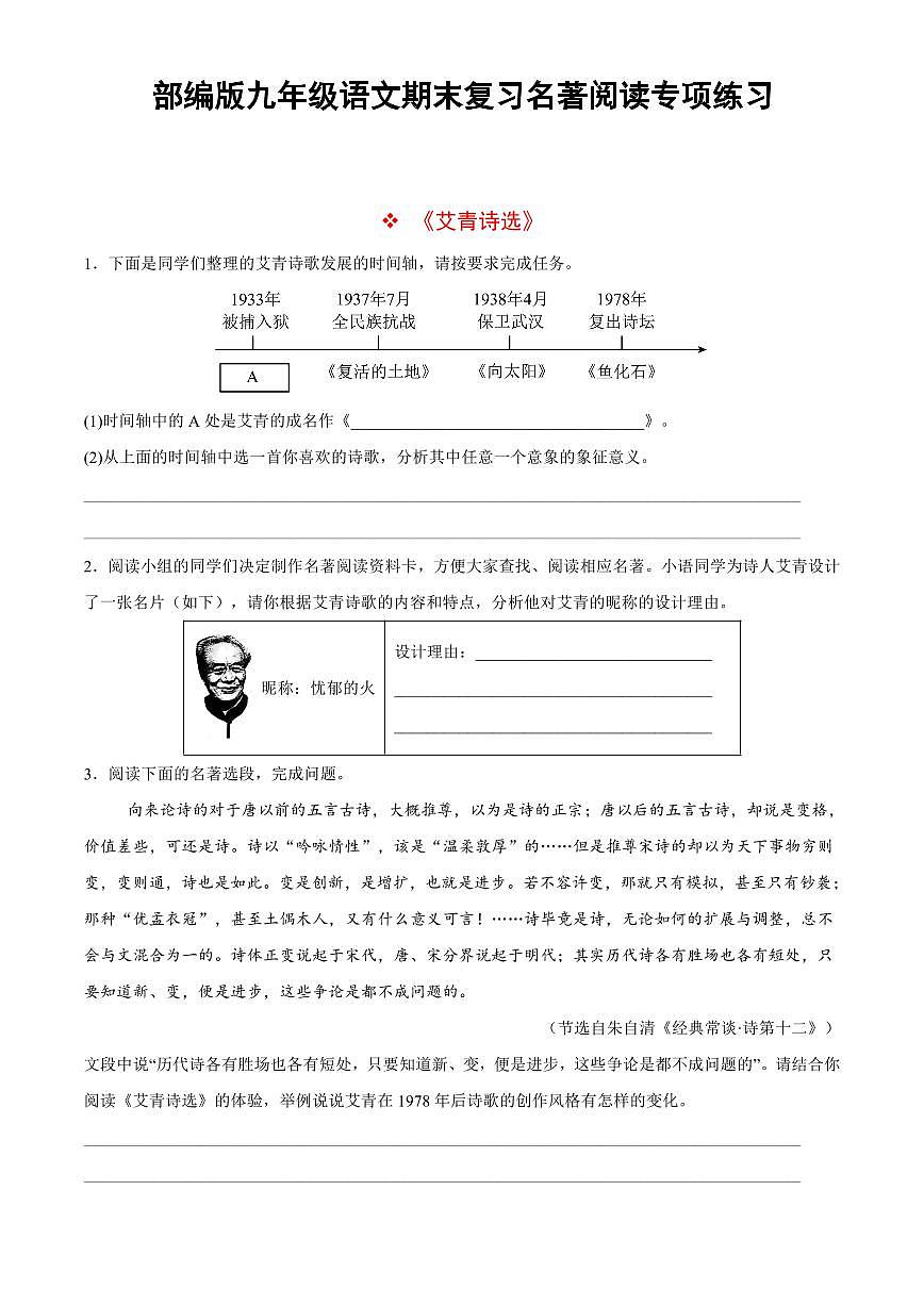 部编版九年级上册语文期末复习名著阅读专项练习（儒林外史、简爱、艾青诗选、水浒传）含答案第1页