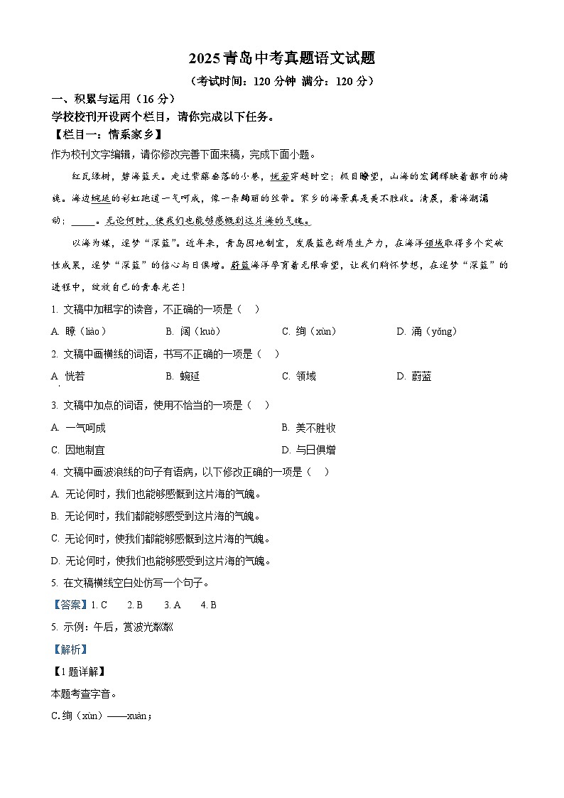 2025年山东省青岛市中考语文试题（解析版）第1页