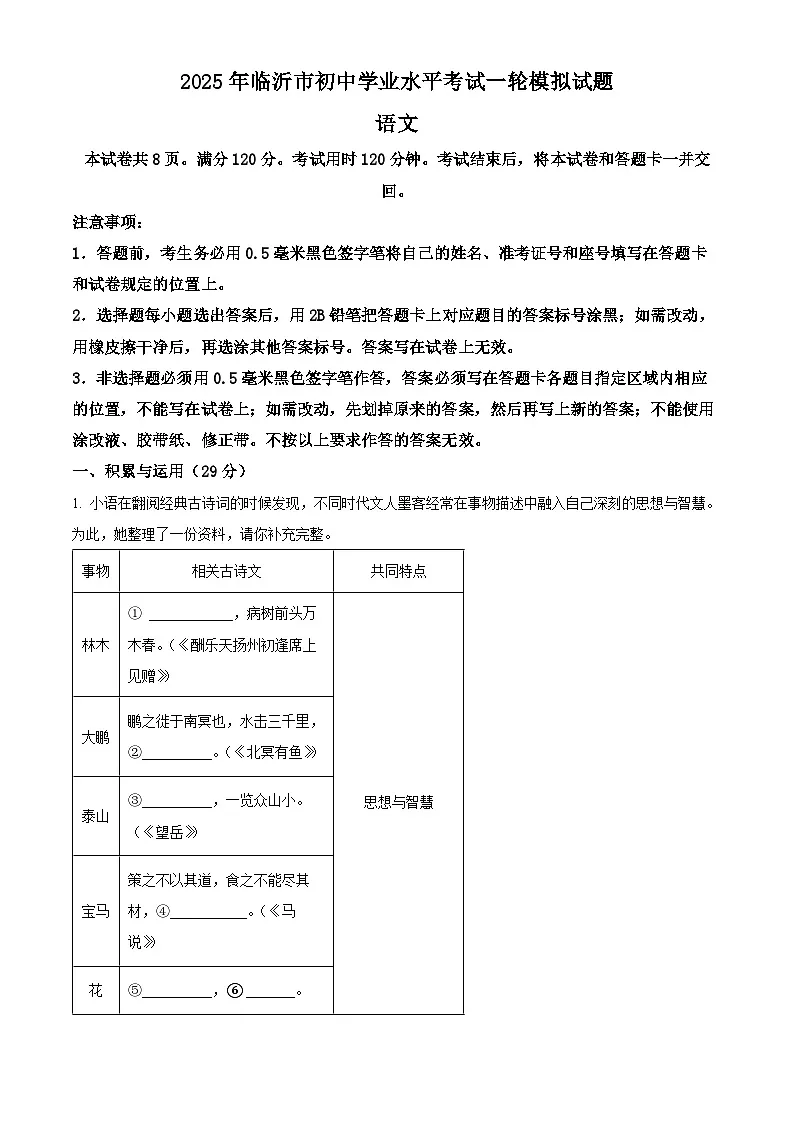 2025年山东省临沂市河东区中考一模语文试题（解析版）第1页