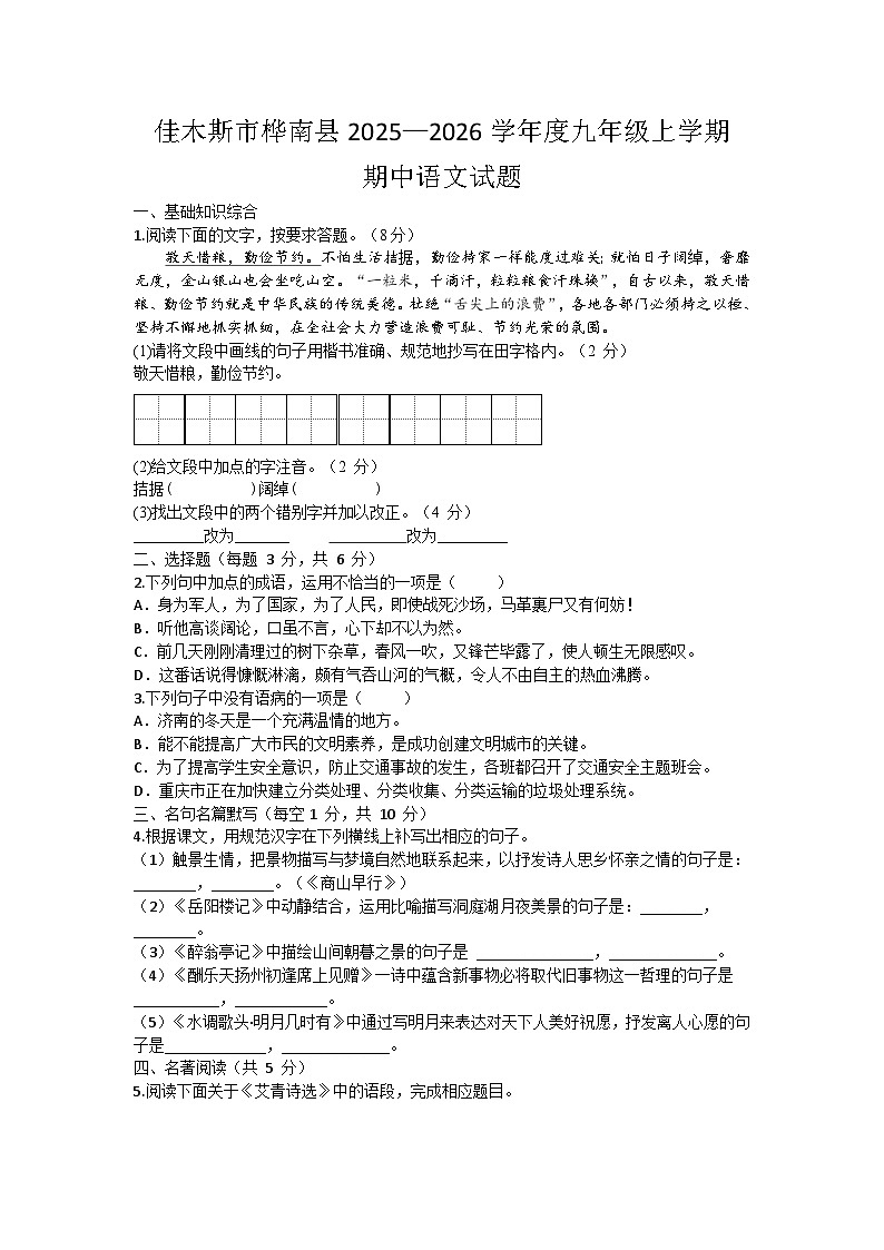 黑龙江省佳木斯市桦南县2025-2026学年九年级上学期期中语文试题第1页