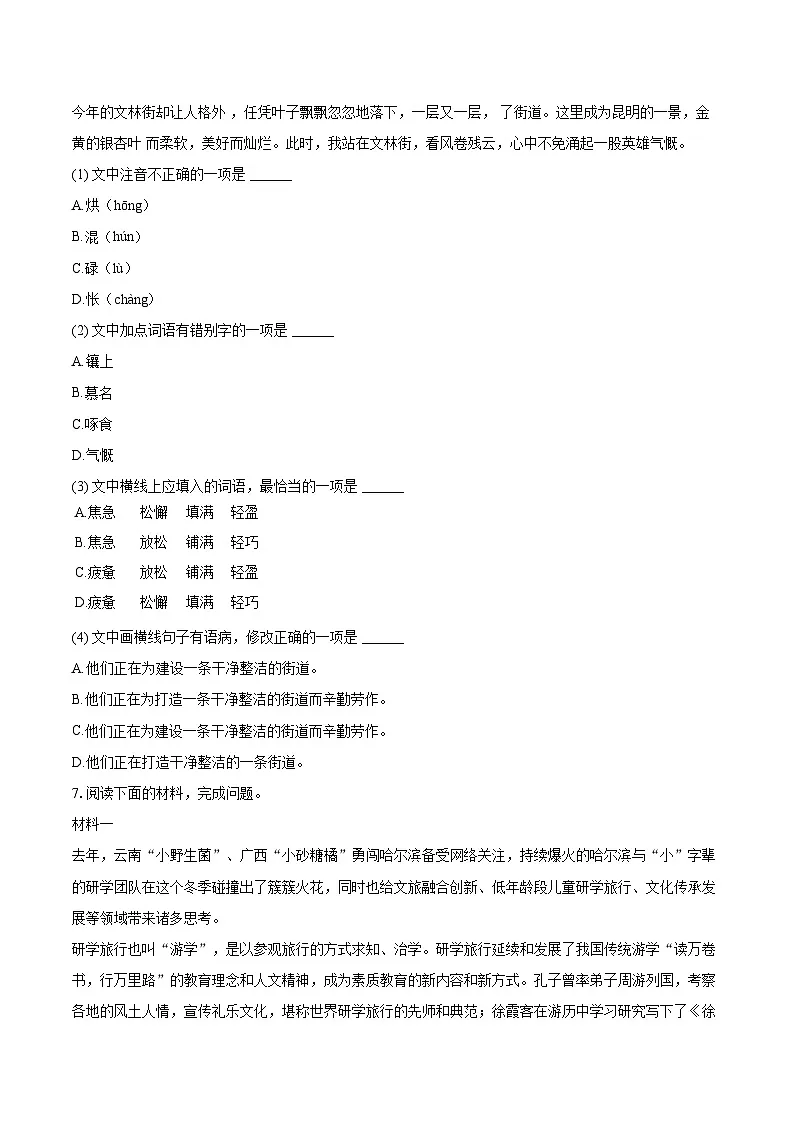 2024-2025学年云南省西双版纳一中等四校八年级（上）期末语文试卷-自定义类型第3页