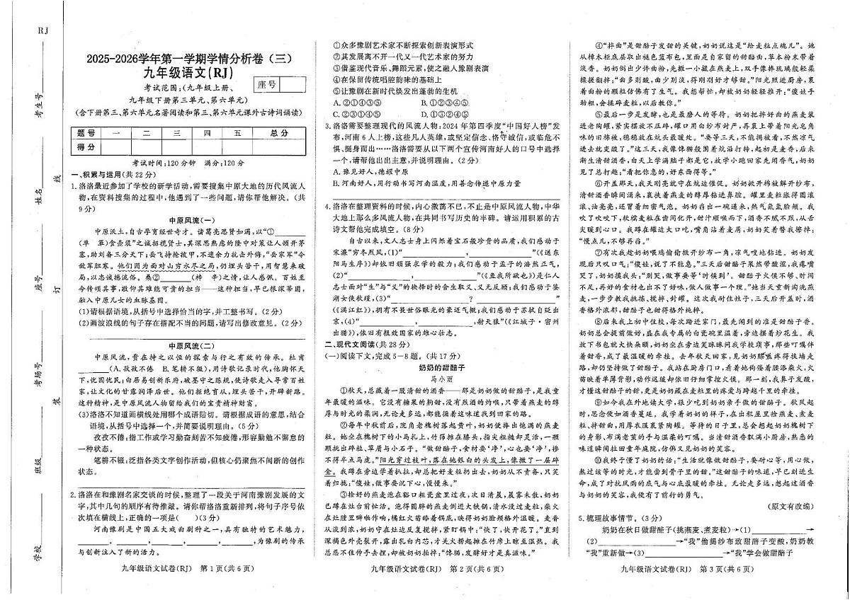 河南省商丘市宁陵县2025-2026学年九年级上学期12月月考语文试题第1页