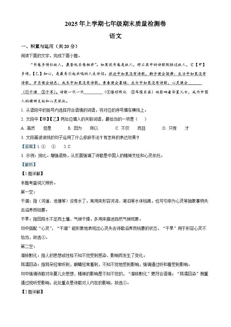 湖南省娄底市冷水江市2024-2025学年七年级下学期期末语文试题（解析版）第1页