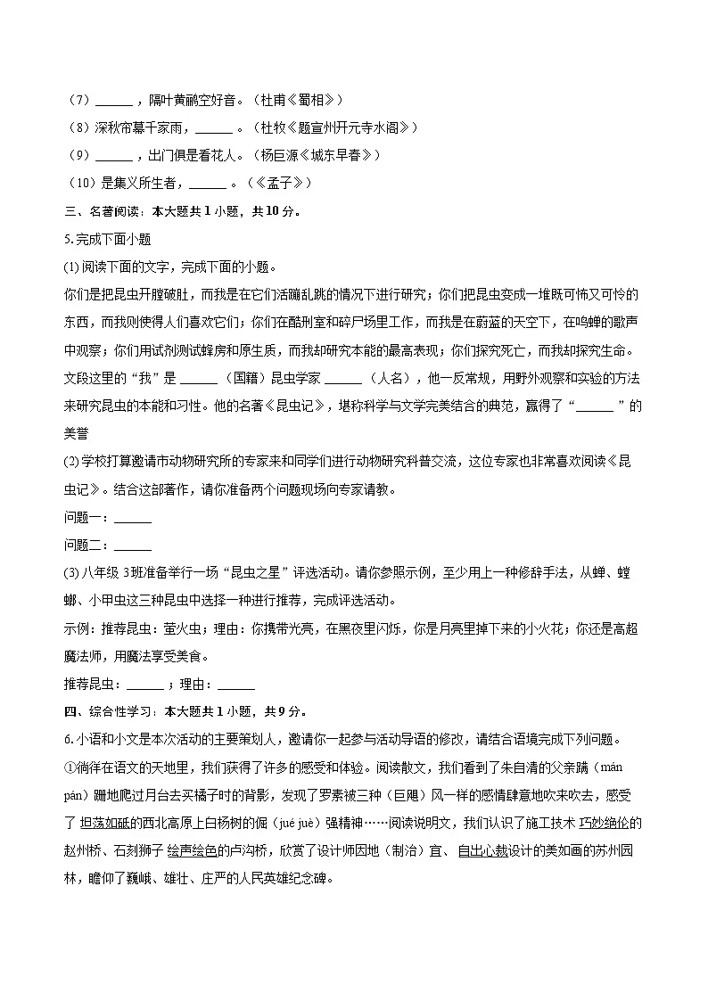 2024-2025学年山东省泰安市新泰市八年级（上）期末语文试卷（五四学制）-自定义类型第2页