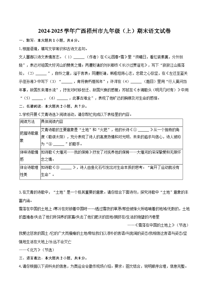 2024-2025学年广西梧州市九年级（上）期末语文试卷-自定义类型第1页