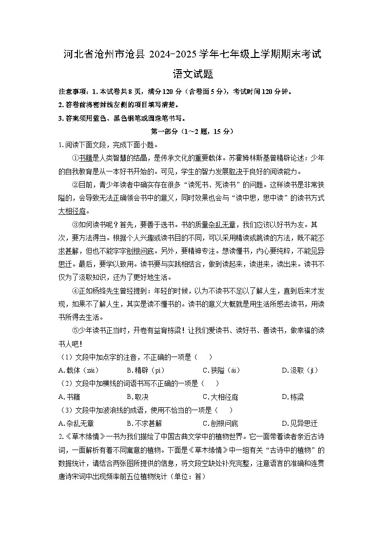 2024-2025学年河北省沧州市沧县七年级上学期期末考试语文试卷（学生版）第1页
