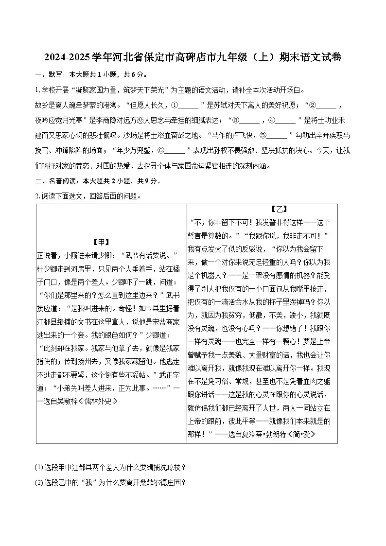 2024-2025学年河北省保定市高碑店市九年级（上）期末语文试卷-自定义类型第1页