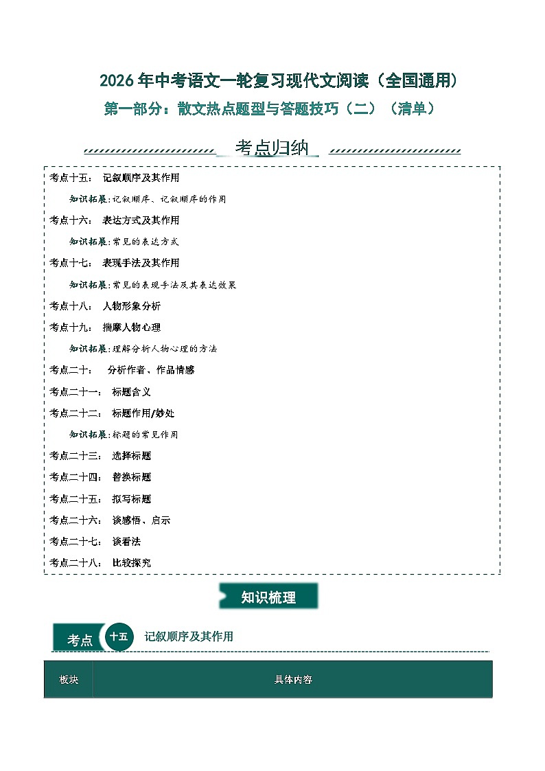 散文热点题型与答题技巧（二）-2026年中考语文一轮复习现代文阅读讲练（全国通用)第1页