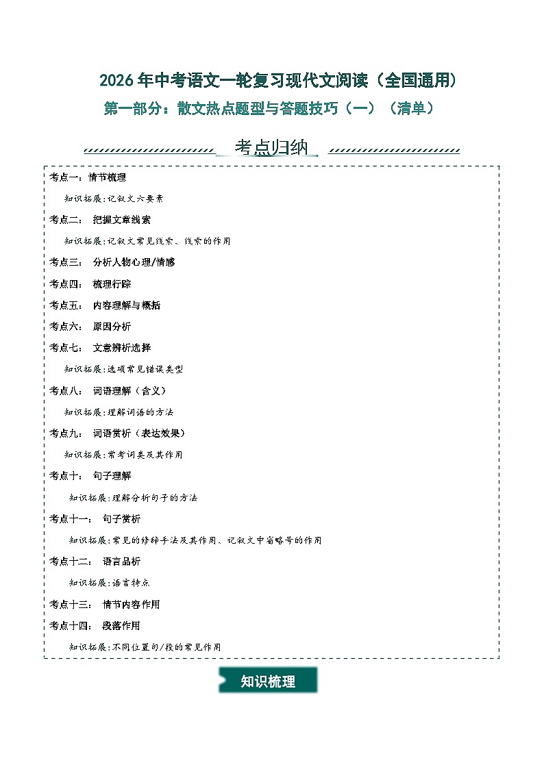 散文热点题型与答题技巧（一）-2026年中考语文一轮复习现代文阅读讲练（全国通用)第1页