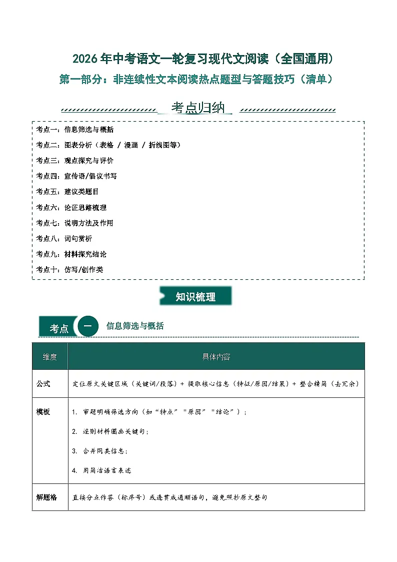 非连续性文本阅读热点题型与答题技巧-2026年中考语文一轮复习现代文阅读讲练（全国通用)第1页