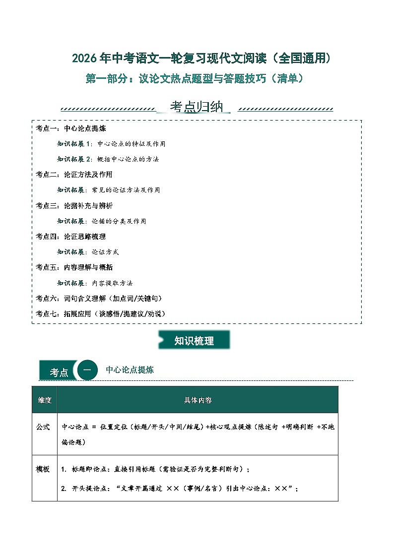 议论文热点题型与答题技巧-2026年中考语文一轮复习现代文阅读讲练（全国通用)第1页