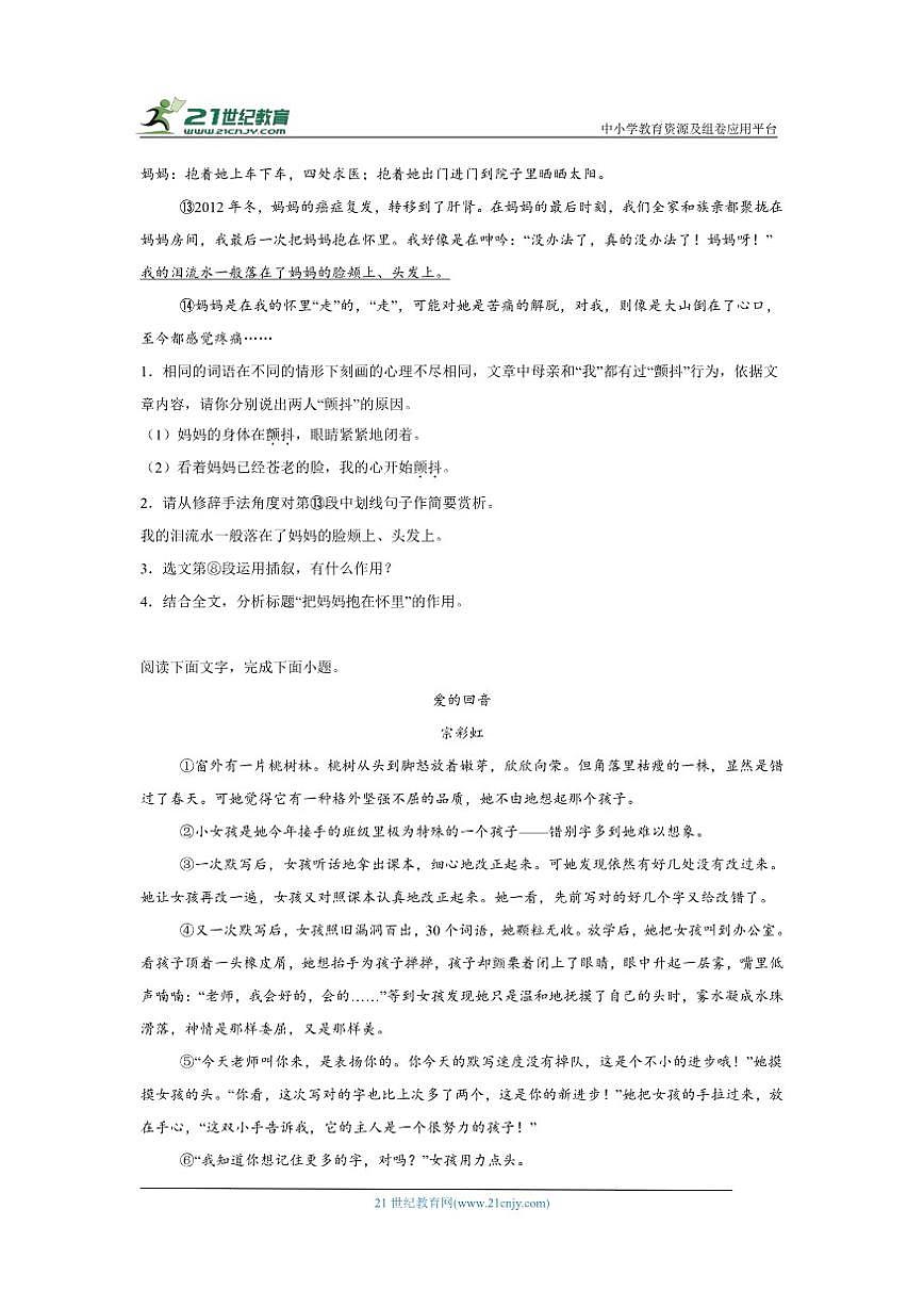 情感类记叙文阅读理解强化练2025-2026学年上学期初中语文统编版（2024）七年级上册期末复习第2页