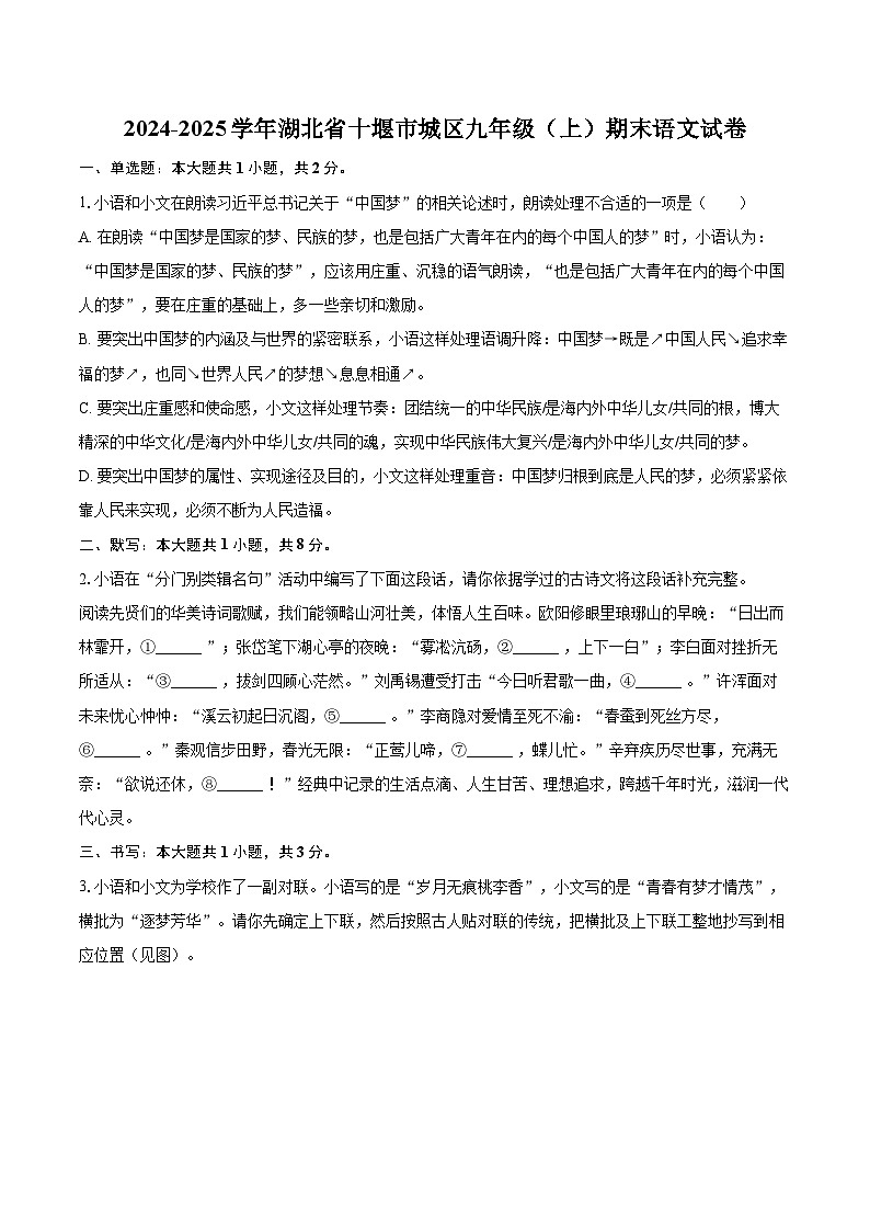 2024-2025学年湖北省十堰市城区九年级（上）期末语文试卷-自定义类型第1页
