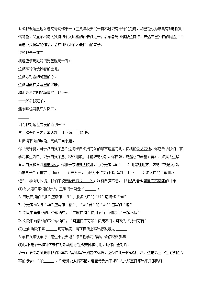 2024-2025学年湖南省益阳市九年级（上）期末语文试卷-自定义类型第2页
