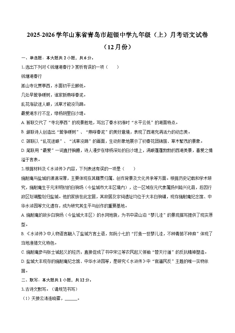2025-2026学年山东省青岛市超银中学九年级（上）月考语文试卷（12月份）-自定义类型第1页