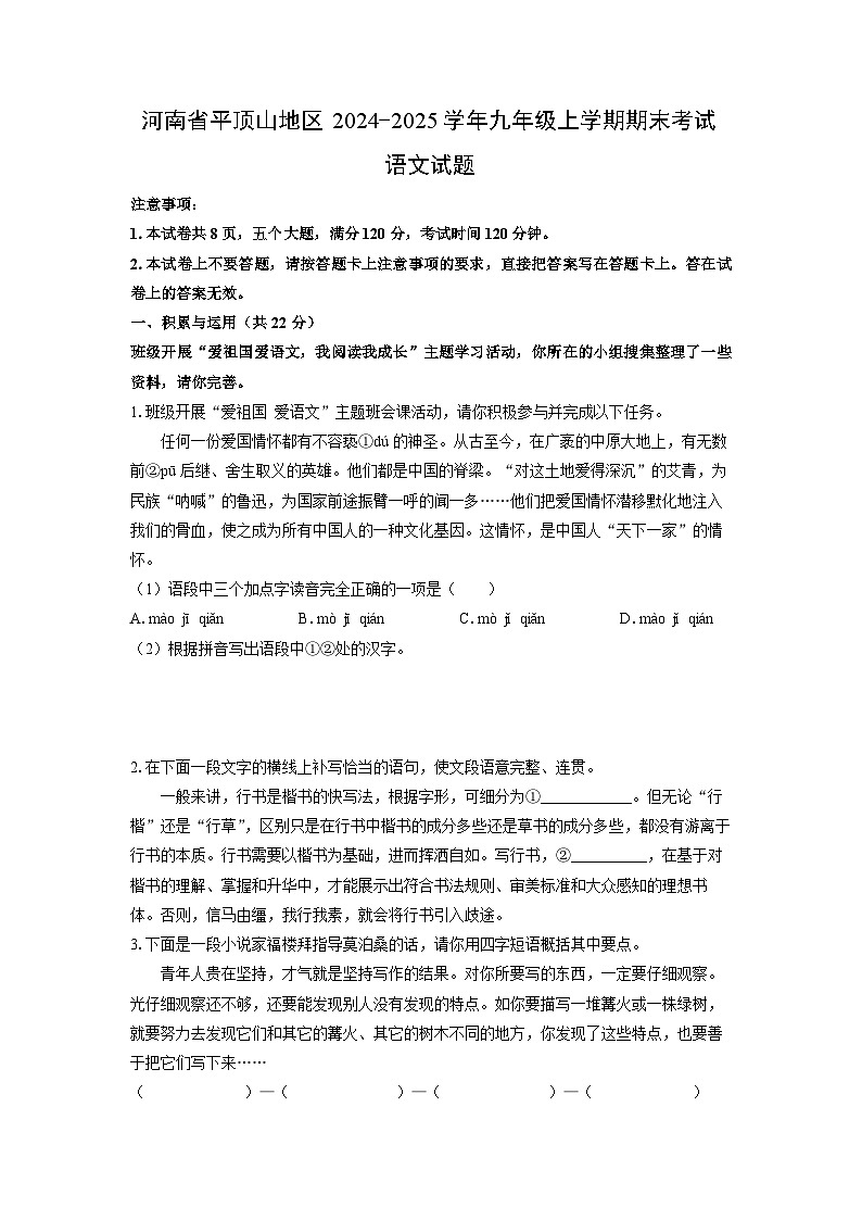 河南省平顶山地区2024-2025学年九年级上学期期末考试语文试卷（学生版）第1页