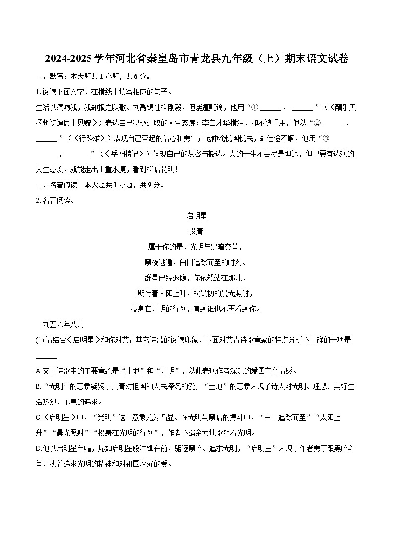 2024-2025学年河北省秦皇岛市青龙县九年级（上）期末语文试卷-自定义类型第1页