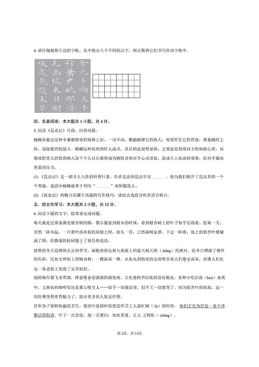 云南省西双版纳一中等四校2024-2025学年八年级（上）期末语文试卷（含答案）第2页