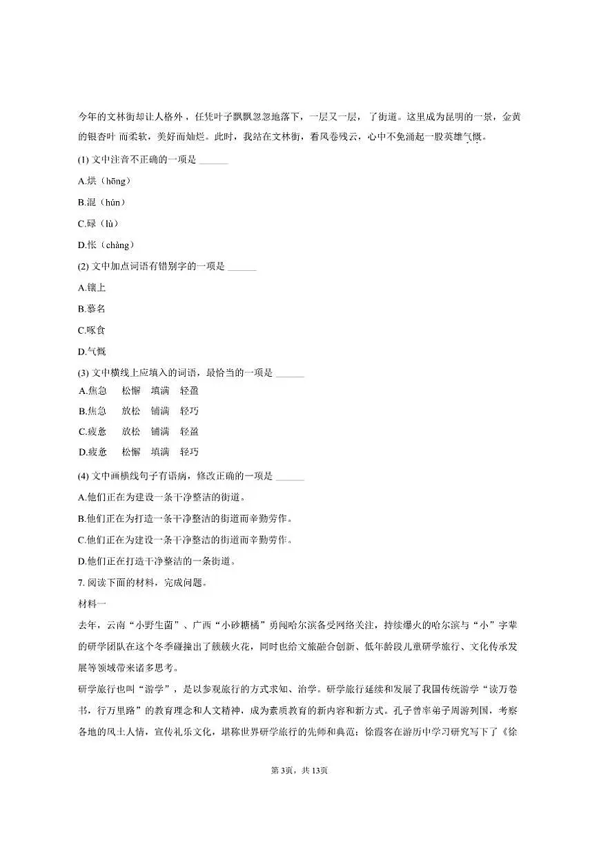 云南省西双版纳一中等四校2024-2025学年八年级（上）期末语文试卷（含答案）第3页