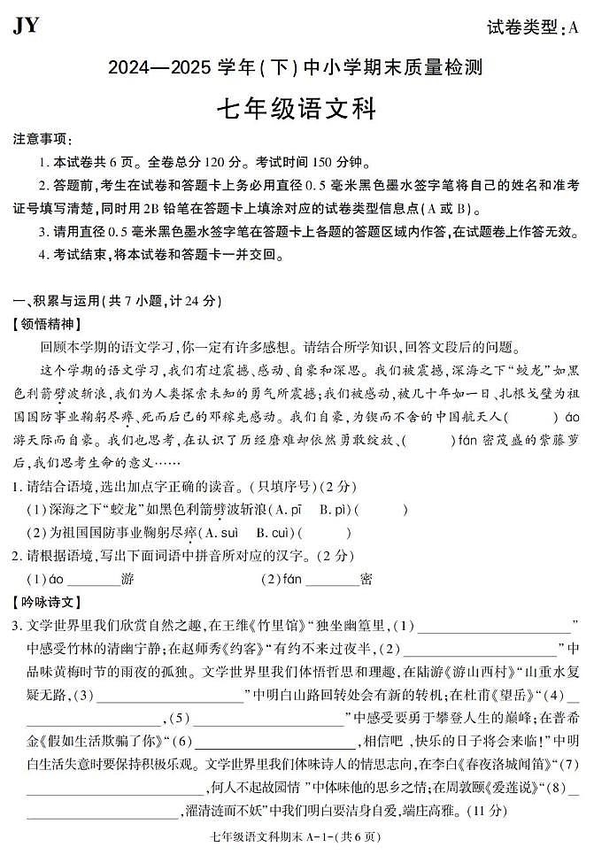 陕西省咸阳市泾阳县2024-2025学年七年级下学期期末考试语文试卷第1页