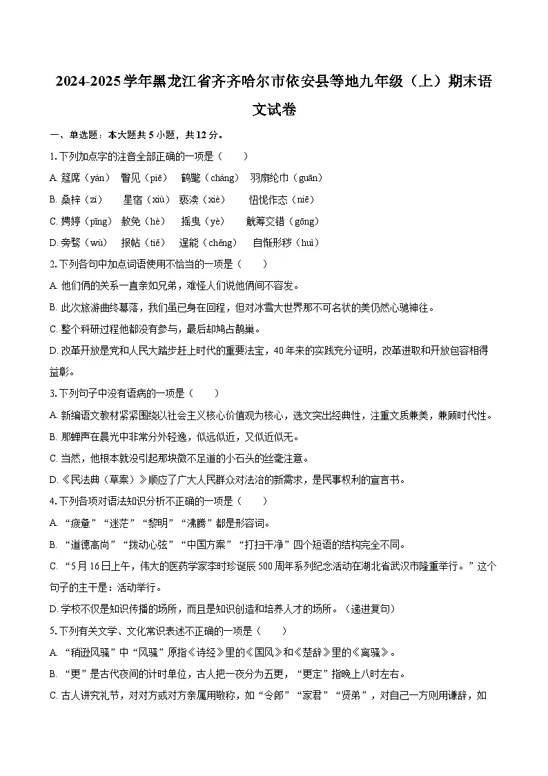 2024-2025学年黑龙江省齐齐哈尔市依安县等地九年级（上）期末语文试卷-自定义类型第1页