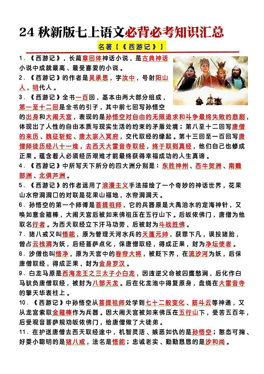 2024版人教版七年级上册语文期末必背必考知识点汇总第3页