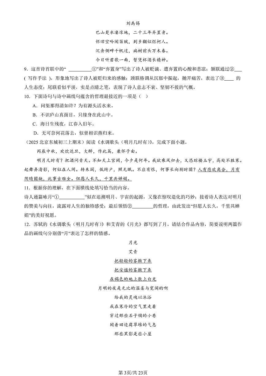 2025北京初三（上）期末语文汇编：诗歌鉴赏第3页