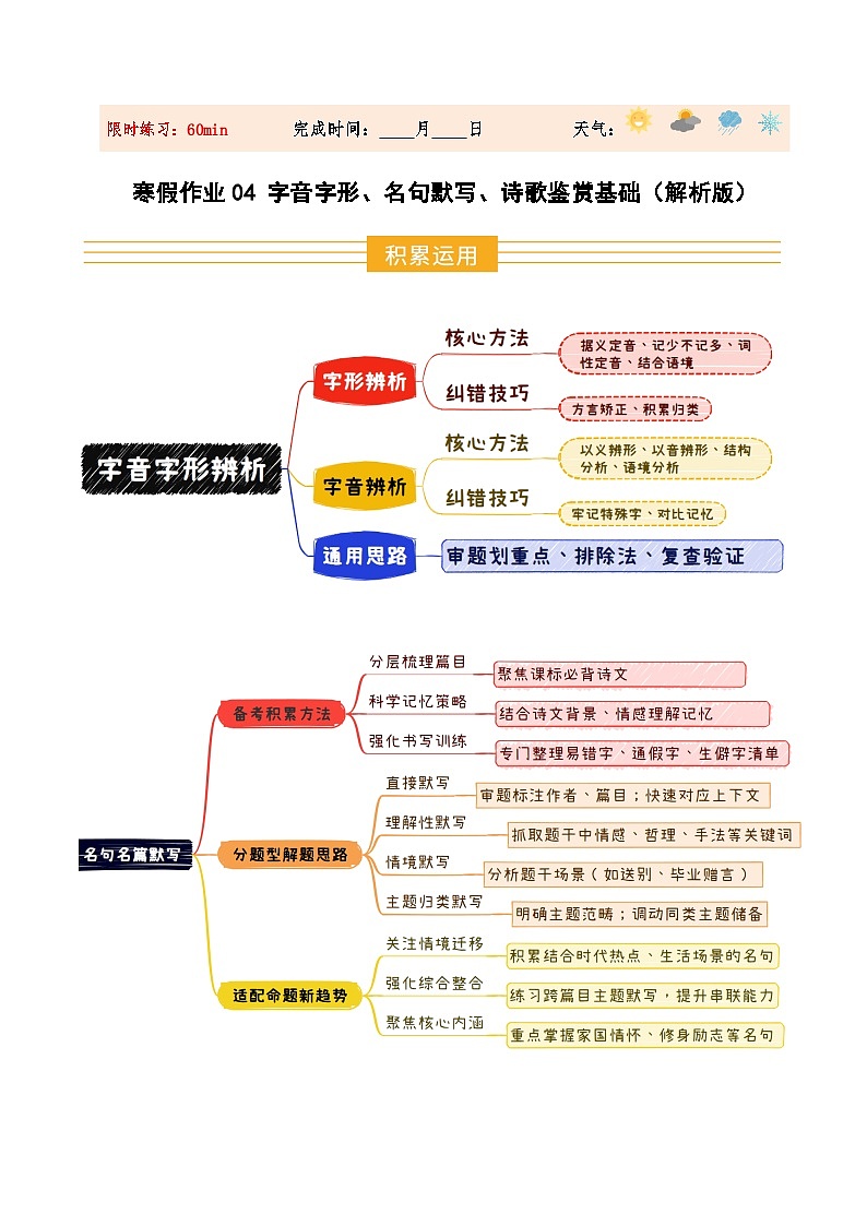 寒假作业04 字音字形、默写、古诗基础鉴赏（原卷版）第1页