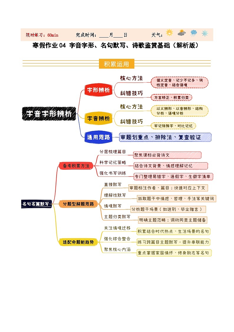 寒假作业04 字音字形、默写、古诗基础鉴赏（解析版）第1页