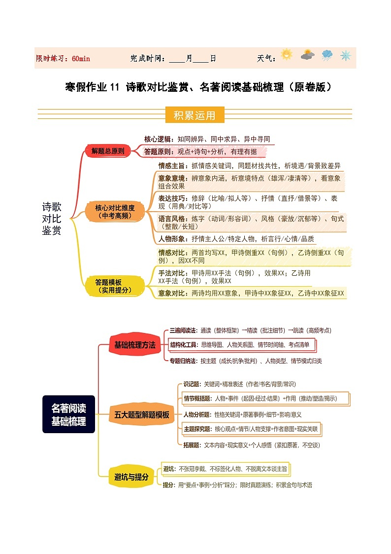 寒假作业11 诗歌对比鉴赏、名著阅读基础梳理（原卷版）第1页