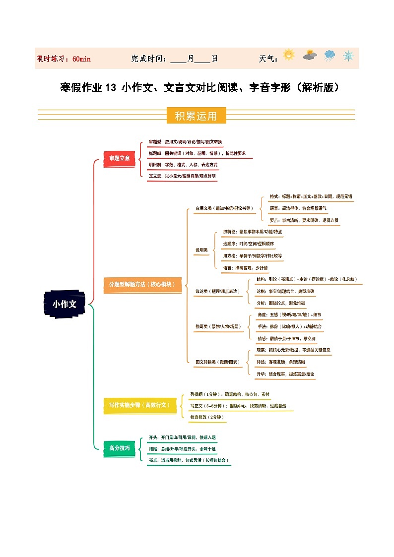 寒假作业13 小作文、文言文对比阅读、字音字形（解析版）第1页