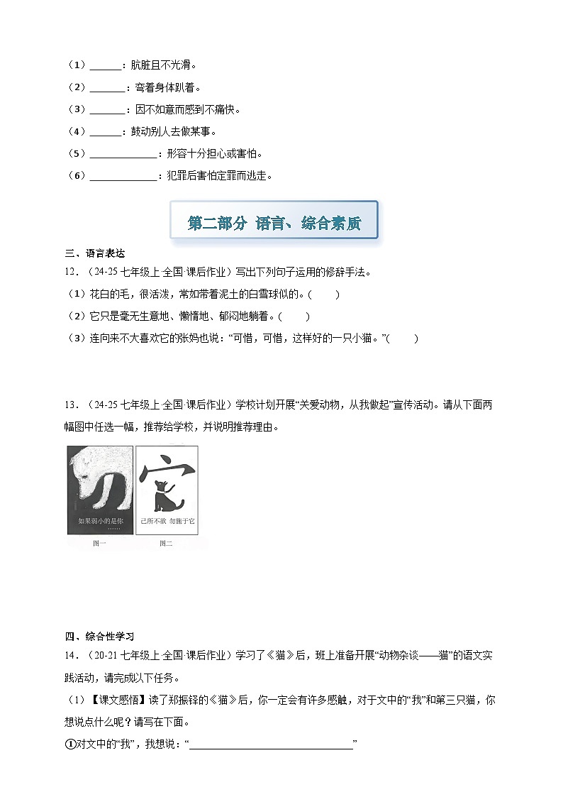 部编七上语文17猫 分层作业（含答案解析）试卷第3页