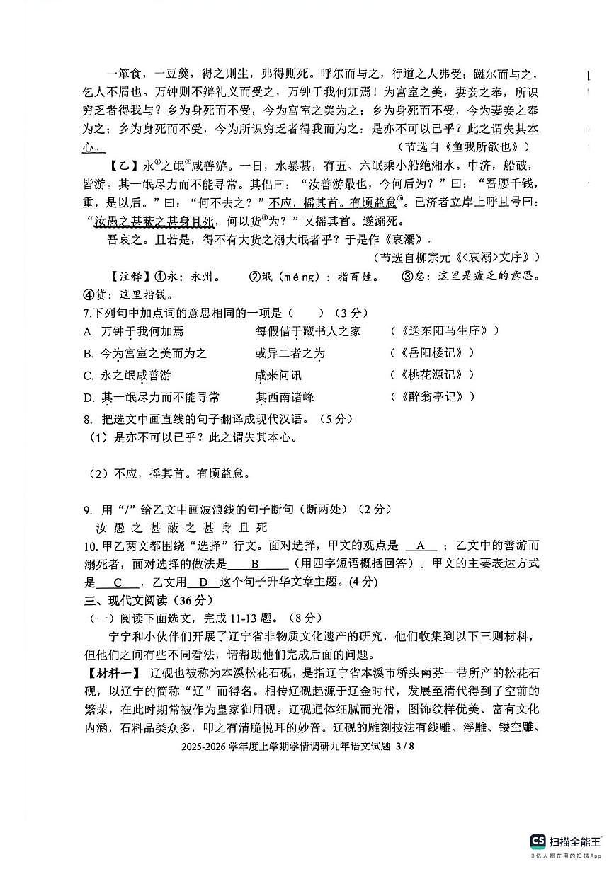 辽宁省沈阳市苏家屯区2025-2026学年九年级上学期期末语文试卷第3页