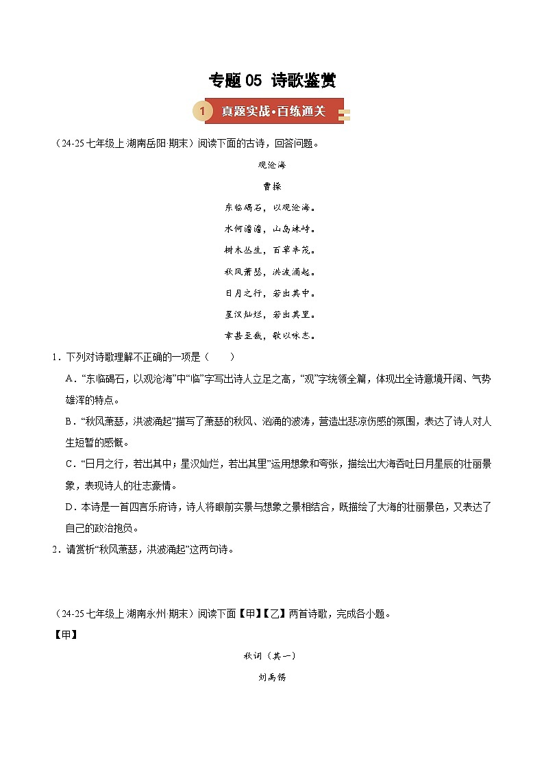 专题05 诗歌鉴赏（期末复习专项训练）（原卷版）第1页