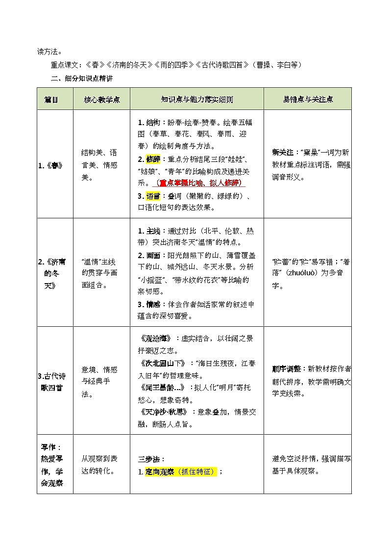 考前必背：七年级上册课本知识梳理（期末复习知识清单）七年级语文上学期新教材统编版-学案下载-教习网