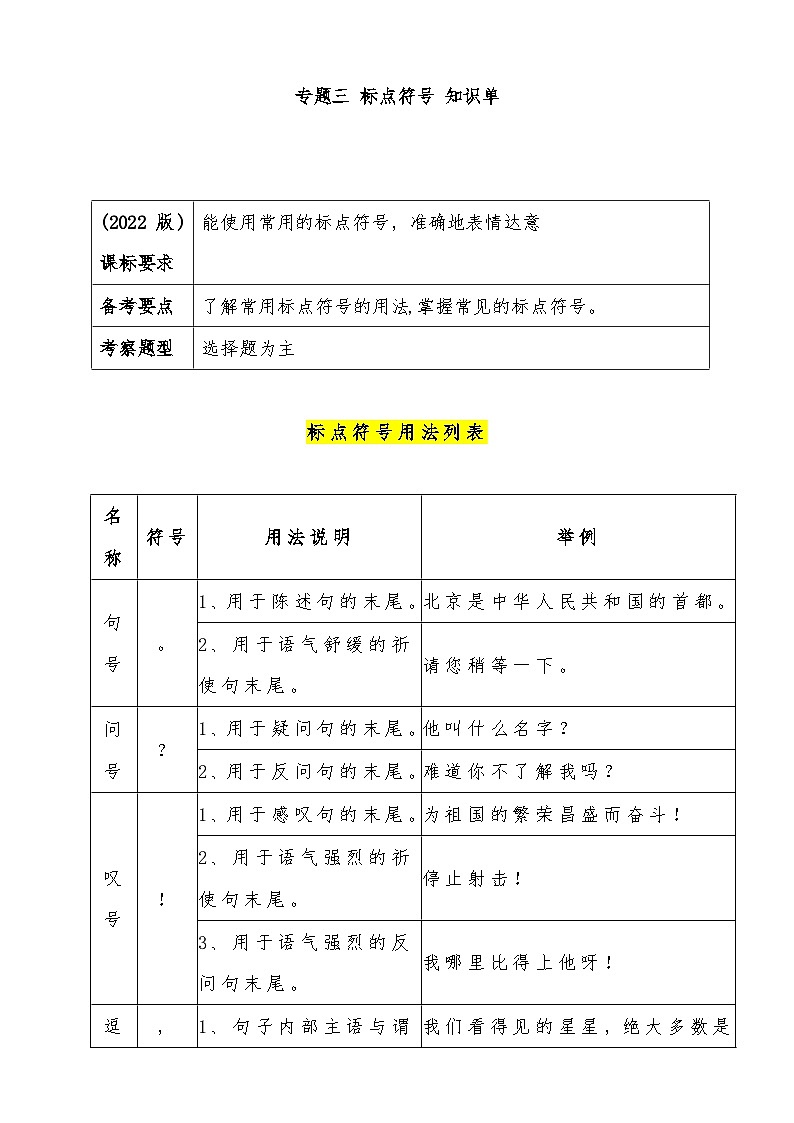 2026年中考语文第一轮复习 标点符号专题 知识单学案第1页