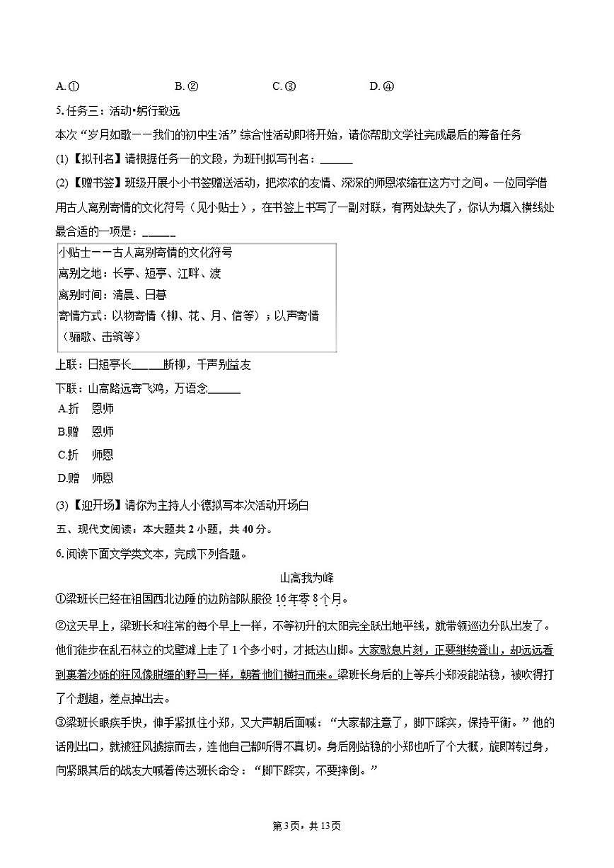 2025-2026学年重庆市南岸区九年级（上）月考语文试卷（12月份）（有答案）第3页
